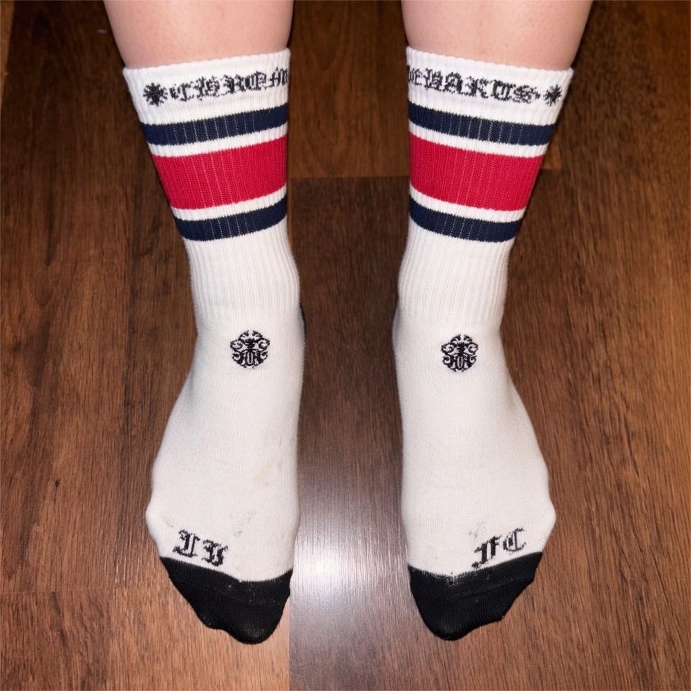 Chrome Hearts Crew Socks White Red Black Striped Old English Logo FSU Size 8-12